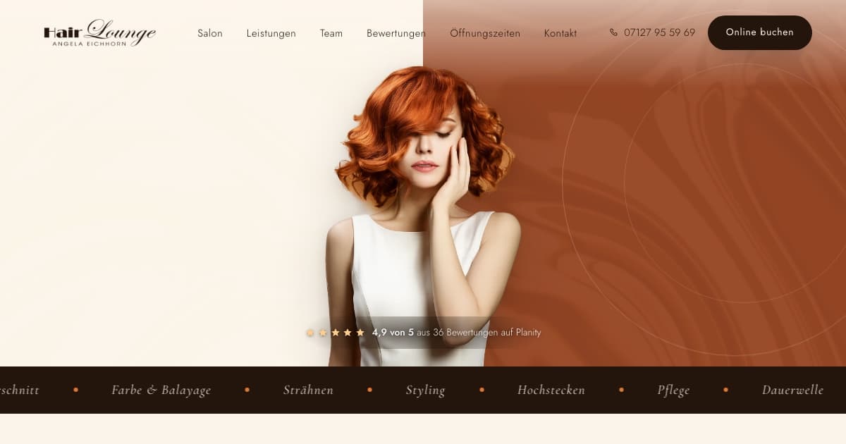 Home page of angelas-hairlounge.de with logo, navigation and rating