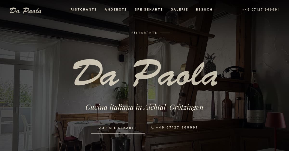 Home page of dapaola-aichtal.de with the Da Paola logo over the dining room