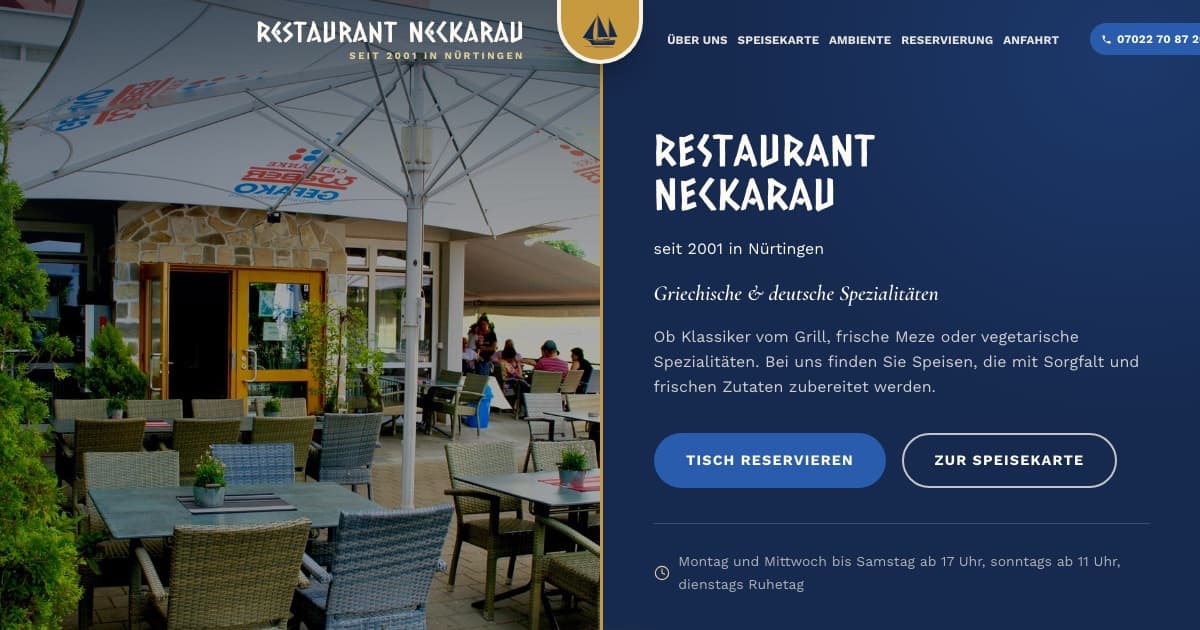 Home page of restaurant-neckarau.de with terrace and booking buttons