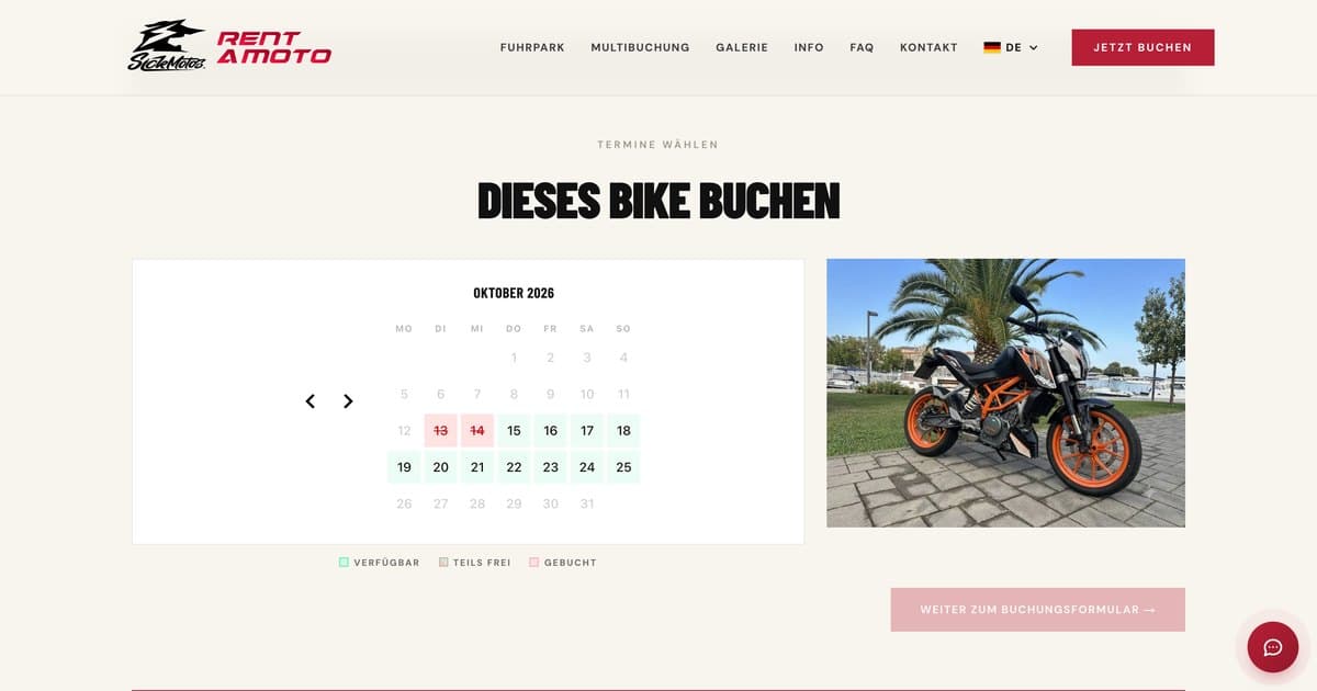 Rent a Moto Zadar: booking calendar with free and booked days